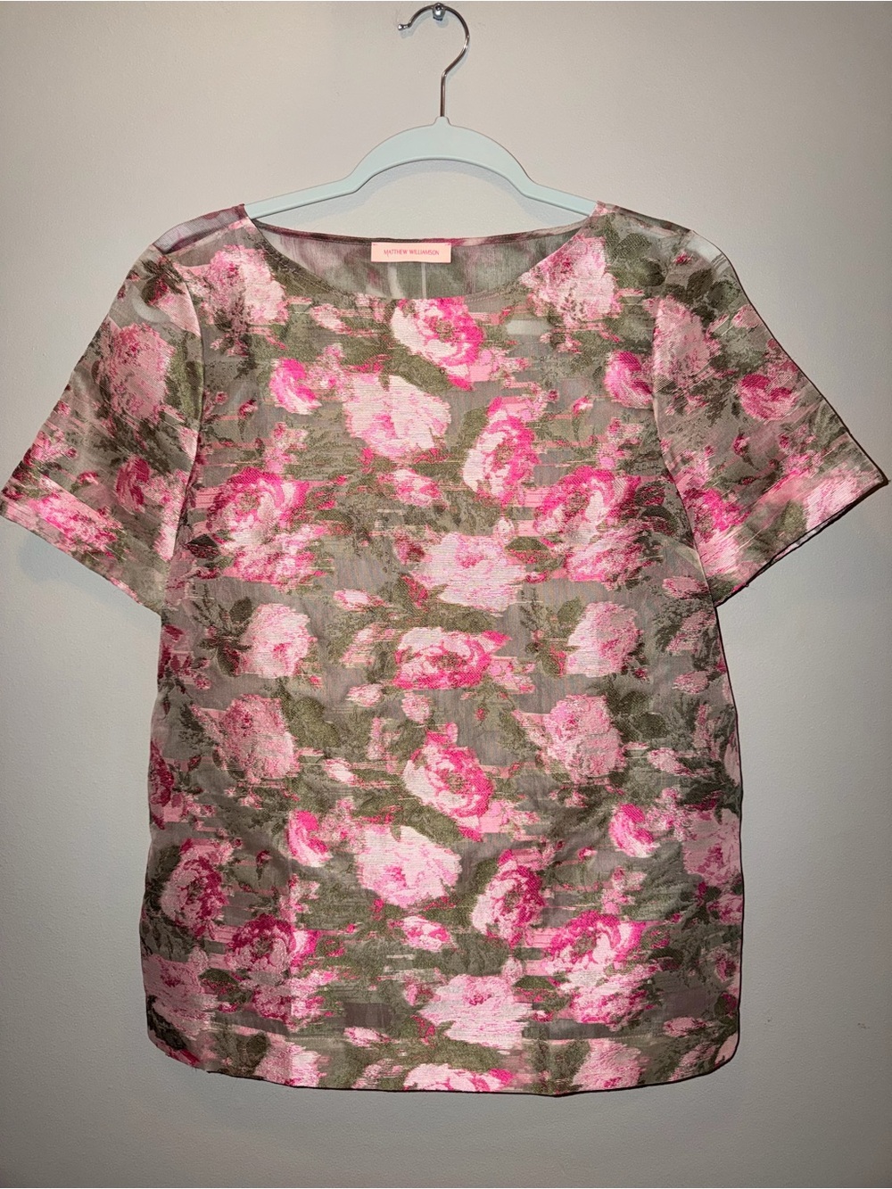 Rare NWOT Matthew Williamson Size 6 Pink and Olive Floral Short Sleeve Top